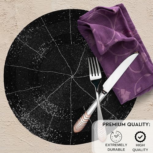 Decorative Beaded Placemats Set of 4 - Handmade Round Table Mats with Shiny Glass Beads & Polyester Backing - Elegant Dining Decor for Special Events & Daily Use (Black) - CLEENTABLE