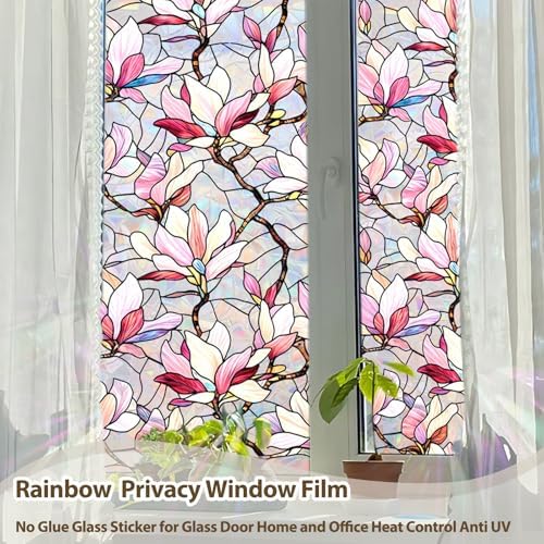 Magnolia Window Privacy Film,Static Stained Glass Cling17.5"x 78.7"