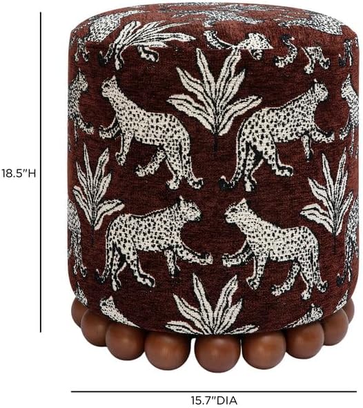 First of a Kind Brown Leopard Jacquard Ottoman, Upholstered Accent Stool and Footrest with Plush Foam-Padded Top and Solid Wood Orb Legs