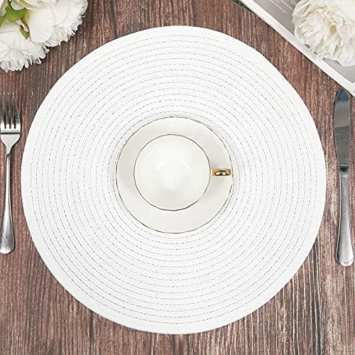 SHACOS Round Braided Placemats Set of 6 Round Table Mats for Dining Table 15 inch Washable Cotton Polyester Place Mat (White, 6)