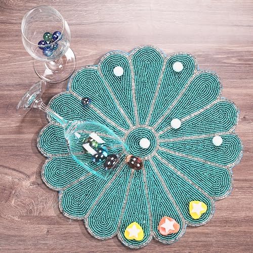 ALPHA Living HOME Beaded Placemats 13 Inch, Teal Silver Round Single Pack