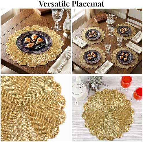 ALPHA Living HOME Beaded Placemats Set of 2, 13 Inch Round Gold Table Mats