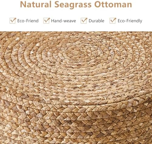 14" Boho Pouf Patio Ottomans Natural Straw Handweave Rustic Round Footstool