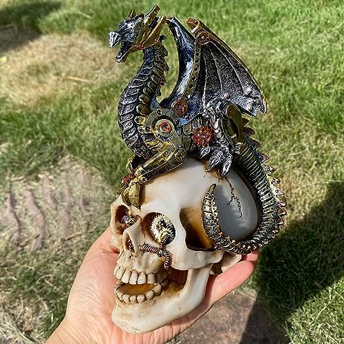Halloween Steampunk Dragon on Skull Statue, Gothic Mechanical Decor