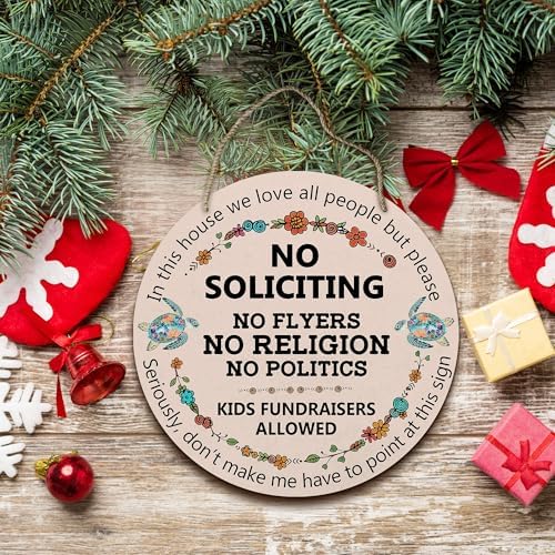 PHAMTE Funny No Soliciting Round Wreath Sign, Farmhouse Wall Hanging Plaque Wood Sign, No Flyers Religion Politics Funny Decor Decorations for Wall Pediments Door Porch Room 12 Inch