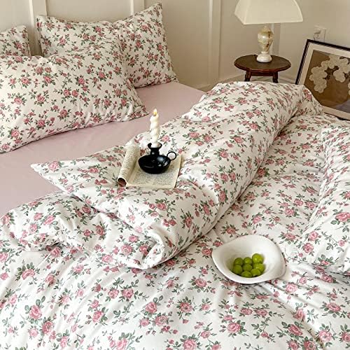 Pink Floral Duvet Cover Queen Soft Cotton Girls Cottagecore Bedding Set Botanical Peach Flower Comforter Cover with Zipper Closure Vintage Country Bedding Aesthetic Duvet Cover with 2 Pillowcases