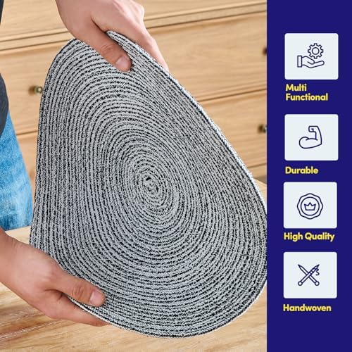 Round Placemats Set of 6-100% Cotton Two-Tone Placemat for Dining Table - Woven Braided Table Setting Place Mat - Washable Table Decor for Kitchen, Farmhouse, Rustic, Everyday Use, Black