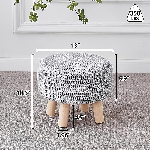 13" Round Handmade Cotton Knitted Boho Small Ottoman with Non-Skid Wood Leg