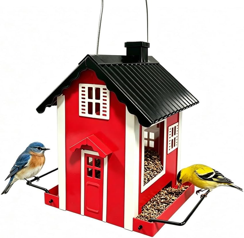 WENYLE Bird Feeders for Outdoors Hanging, Heavy Duty Metal Weatherproof Wild Bird Feeder, House Shape with Drain Holes, 2LB Capacity for Garden Yard