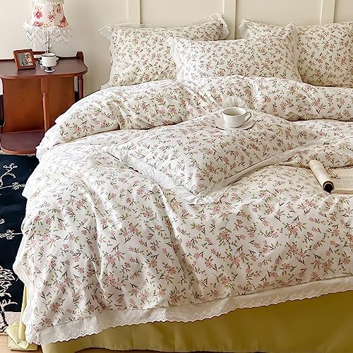 LifeTB Ruffle Duvet Cover Twin 100% Cotton Pink Flower Duvet Cover Girls Princess Lace Bedding Set Vintage Floral Botanical Comforter Cover with Chic White Ruffle Lace Cute Floral Bedding Set Twin