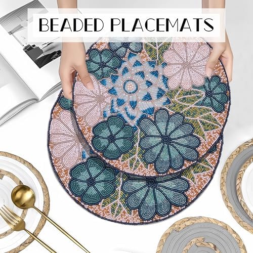 Beaded Placemats 13" Flower, Round Dining Table mat, Teal Multi