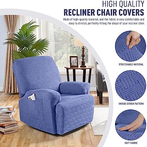 KinCam Recliner Covers, Stretch Reclining Chair Covers, Recliner Sofa Slipcovers Stripe Jacquard Recliner Couch Covers Furniture Protector Covers for Pet Kid (1 Seater, Lake Blue)