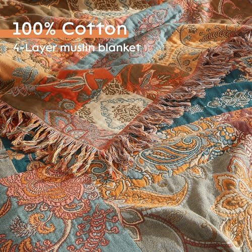 Boho Throw Blanket for Bed 90”x108”, 100% Cotton Blanket for Couch Sofa