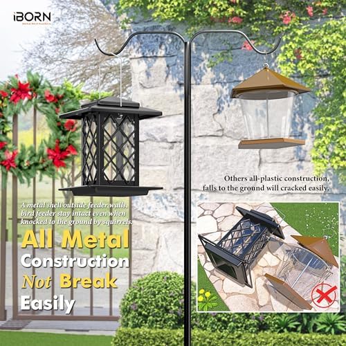 iBorn Bird Feeders for Outdoors, Metal Bird Feeder, Wild Bird Feeders for Cardinal, 2.3LBS Capacity,17.7cm Large Roof, Lantern Style, Black