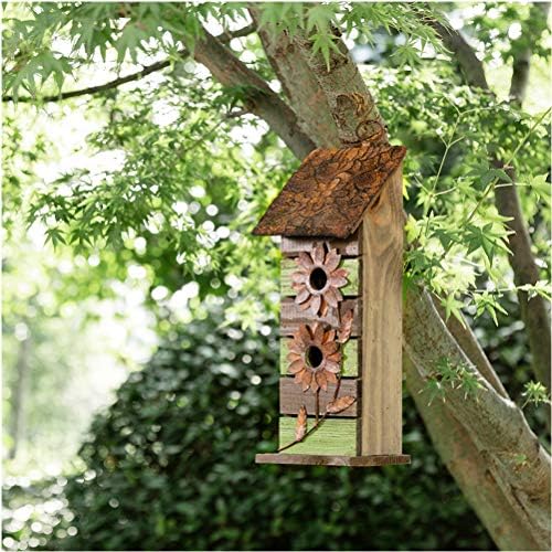 Glitzhome Bird Houses for Outside, 14.45" H Wooden Garden Hanging Bird House Two-Tiered Distressed with Flowers Decorative Birdhouse for Outdoors