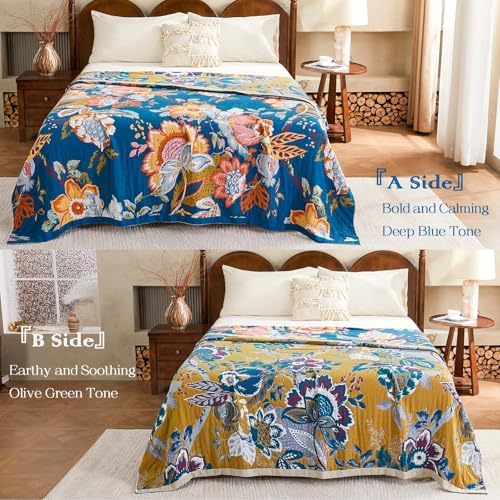 XIBLC Boho Throw Blanket, Blue Lightweight Blankets for Summer, 100% Cotton Bohemian Decorative Throw Blanket, 80"x90" Reversible Muslin Breathable Woven Farmhouse Blankets Quilt,