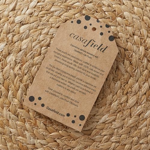 Casafield Hand-Braided Jute Pouf Ottoman Footrest, 18" W x 18" D x 18" H - Round, Natural Woven Boho Floor Cushion, Home Decor for Living Room