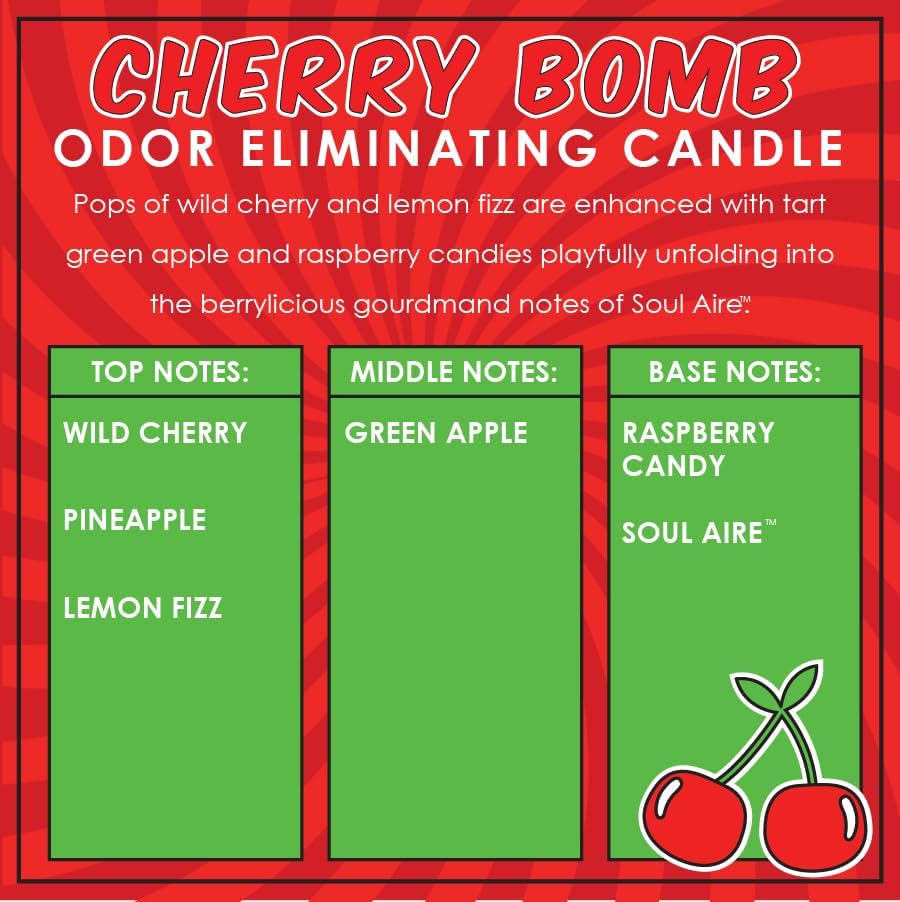 Cherry Bomb Odor Eliminating Highly Fragranced Candle - Eliminates 95% of Pet, Smoke, Food, and Other Smells Quickly - Up to 80 Hour Burn time - 12 Ounce Premium Soy Blend