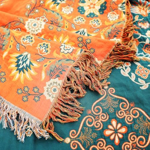 VANJOROY 100% Cotton Throw Blanket, Muslin Breathable Soft Bed Quilt Orange Throw - Bohemian Floral Farmhouse Decor Blanket for Sofa Couch Chair and Gift. 50" x 60"