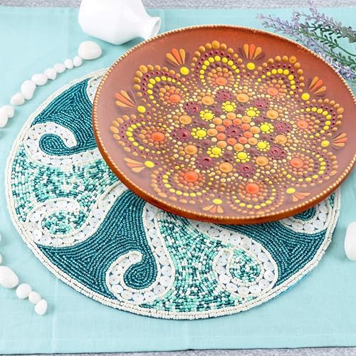 ALPHA Living HOME Beaded Placemats 13 Inch Teal Ivory Round Table Mats