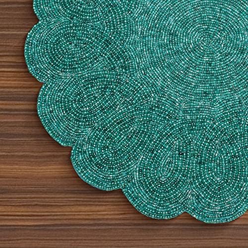 Lightnpro Handmade Beaded Placemats Set of 2 – 13 Inch Teal Round Scalloped Charger Mats, Elegant Teal Table Décor for Dining, Parties & Weddings | Handcrafted Artisan Beadwork Table Accessories