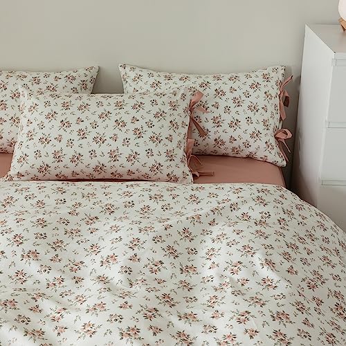 HighBuy Boho Floral Duvet Cover Full Girl Soft Cotton Pink Floral Bedding Set for Teen Dorm with 2 Bow Tie Pillowcases,Aesthetic Chic Comforter Cover Full with Zipper Closure,Room Decor Bedding