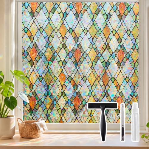 Sunbaby Stained Glass Winodw Film, Rainbow Lattice Stickers, 23.6"x78.7"