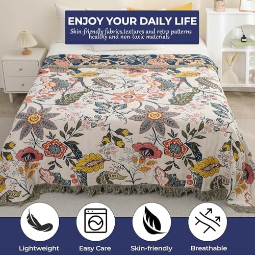100% Cotton Boho Throw Blanket for Bed Couch Travel 60"x80"
