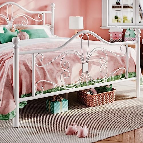 SHA CERLIN Queen Size Metal Bed Frame with Butterfly Headboard, White