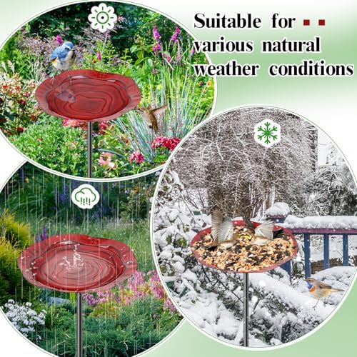 2Pcs Metal Bird Baths for Outside, Hummingbird Small Birdbath Bowl for Outdoors with Metal Stake, Bird Feeder for Garden Yard Lawn Decor (2P-Red&Yellow)