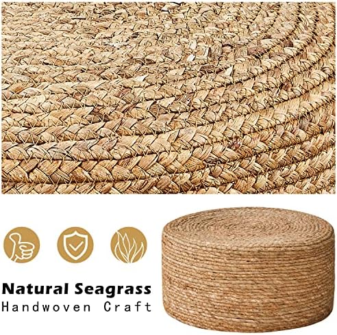 Cpintltr Foot Stool Natural Seagrass Hand Weave Poufs Round Ottoman for Couch Desk Soft Step Stool Padded Foot Rest with Non-Skid Pine Legs for Hallway Office Lounge Natural
