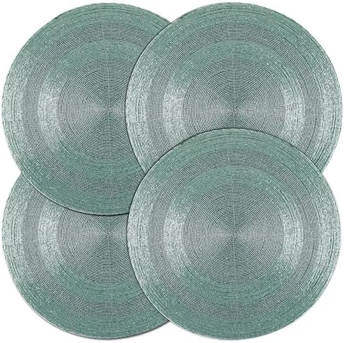 ALPHA Living HOME Beaded Placemats 13 Inch Aqua Round Glass Table Mats
