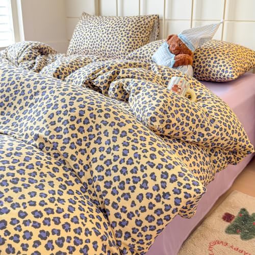 mixinni Golden Leopard Print Duvet Cover Set Queen Size, 3PCs Cute Sexy Cheetah Bedding, Soft Cotton Double Gauze Retro Aesthetic Purple‑Black Leopard Duvet Cover with 2 Pillowcases for Girls Women