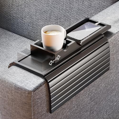 Bestjing Bamboo Couch Armrest Table with Detachable Cup Holder Tray (Black)
