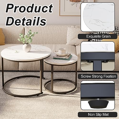 aboxoo Round Nesting Coffee Table Side Table Set of 2 End Tables for Living Room Bedroom Balcony, White Faux Marble Wooden Table Accent Coffee Table with Black Steel Frame