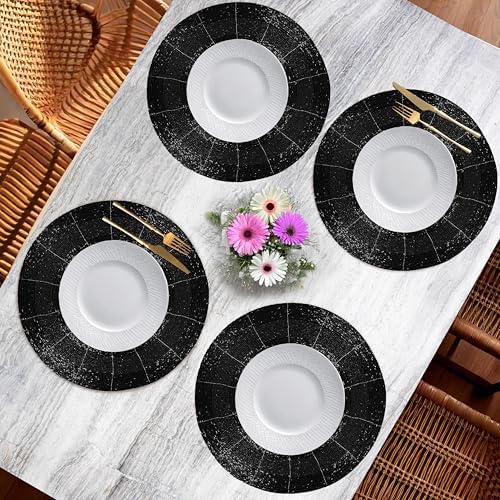 Decorative Beaded Placemats Set of 4 - Handmade Round Table Mats with Shiny Glass Beads & Polyester Backing - Elegant Dining Decor for Special Events & Daily Use (Black) - CLEENTABLE