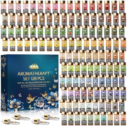Essential Oil Set, 128 Pcs Fragrance Aromatherapy Oils for Skin, Diffusers, Home Care, Humidifier Laundry, Candle Making - Tea Tree, Sandalwood, Lavender, Vanilla, Eucalyptus and More(5mL)