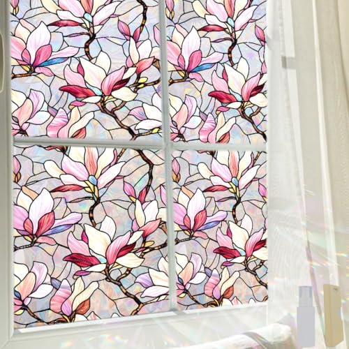 Magnolia Window Privacy Film,Static Stained Glass Cling17.5"x 78.7"