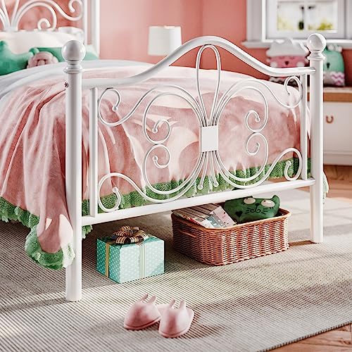 SHA CERLIN Twin XL Size Metal Bed Frame with Butterfly Headboard, White