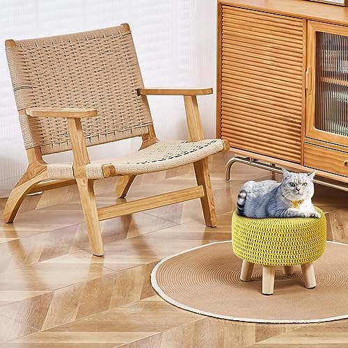 Wimarsbon Small Ottomans, 100% Hand Knitted Pouf, Round Footrest with 4 Non-Skid Wood Legs, Boho Décor Cotton Rope Pouffe Beside Sofa, Leisure Floor Step Chair for Living Room (Yellow)