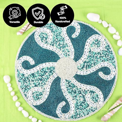 ALPHA Living HOME Beaded Placemats 13 Inch Teal Ivory Round Table Mats