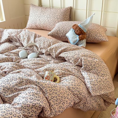 mixinni Light Brown Leopard Print Duvet Cover Set Twin Size, 3PCs Cute Animal Cheetah Bedding, 100% Cotton Double Gauze Soft Aesthetic Retro Pink Black Bedding Set with 2 Pillowcases for Girls Women