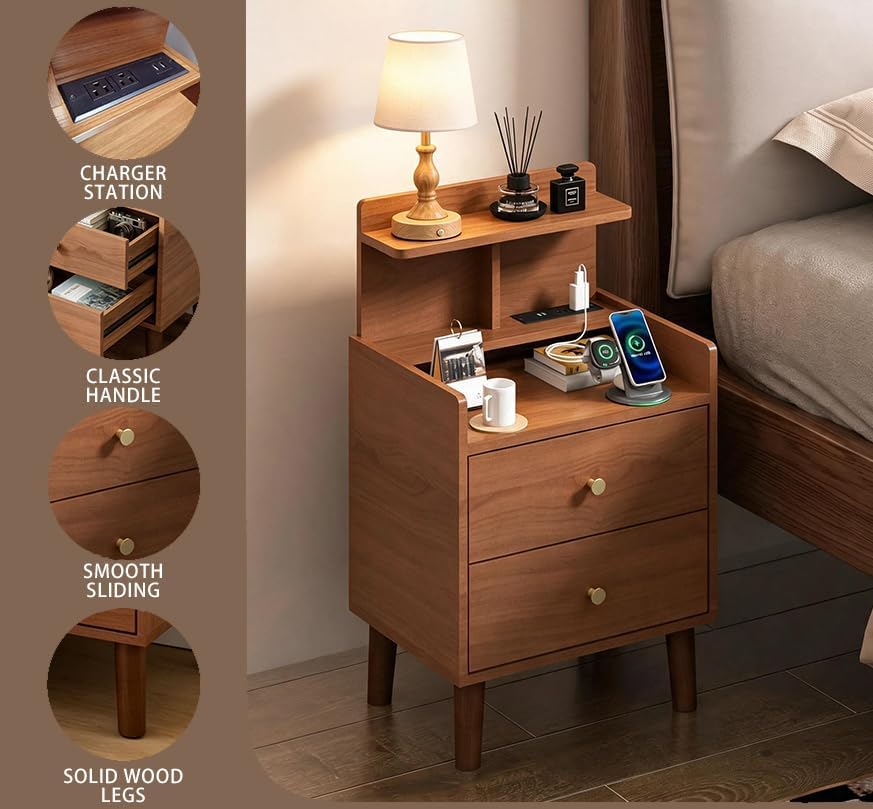 PARTPHONER Mid-Century Modern Small Nightstand with Charging Station, 15.4" Wide Narrow Side Bedside Table with 2 Drawers, Storage Shelf End Table for Bedroom, Living Room