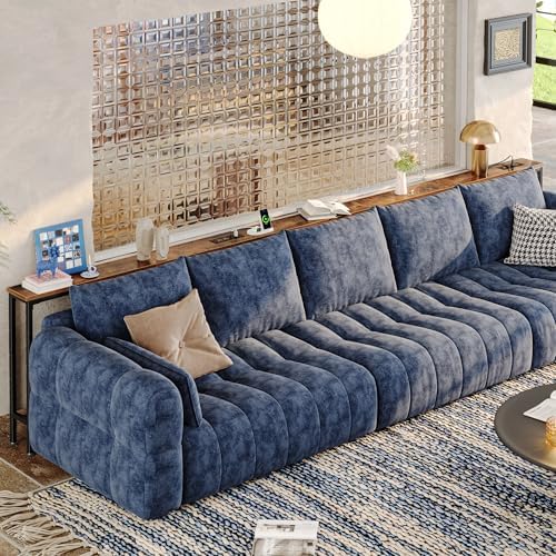 Huuger 129.9 Inch Behind Couch Table with 2 Power Outlets and USB-C Ports, Extra Long Narrow Sofa Table for Sectional Sofa, Skinny Console Table with Anti-Bump Pads, for Living Room, Rustic Brown