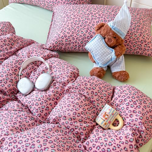 mixinni Hot Pink Leopard Print Duvet Cover Set Twin XL Size, 3PCS Cute Cheetah Animal Bedding, 100% Cotton Double Gauze Soft Aesthetic Retro Sweet‑Cool Bedding Set with 2 Pillowcases for Girls Women
