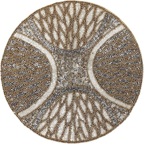 CLEENTABLE Brown Grey Round Beaded Placemats, Set of 2