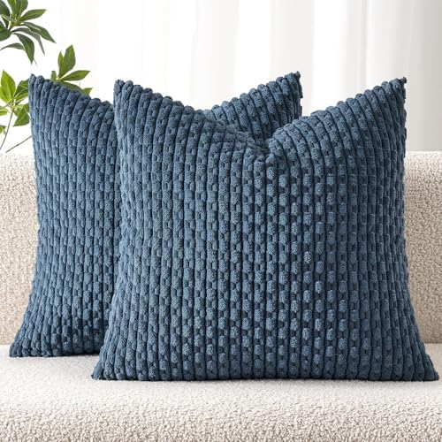 MIULEE Decorative Throw Pillow Covers 20x20 Blue Textured Corduroy