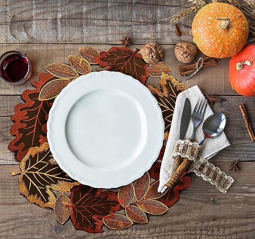 Embroidered Fall Placemats Set of 4, 15 in, Thanksgiving Round Table Mats