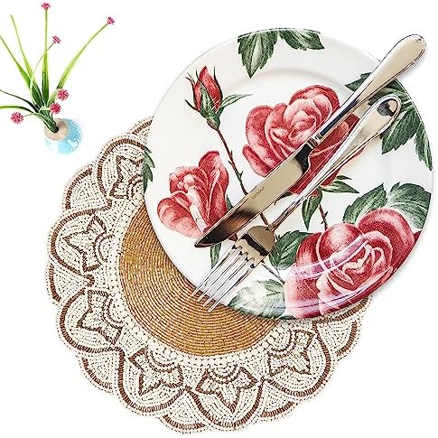 ALPHA Living HOME Beaded Placemats 13 Inch Gold Ivory Round Table Chargers
