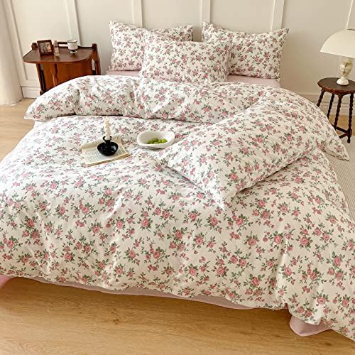 Pink Floral Duvet Cover Queen Soft Cotton Girls Cottagecore Bedding Set Botanical Peach Flower Comforter Cover with Zipper Closure Vintage Country Bedding Aesthetic Duvet Cover with 2 Pillowcases